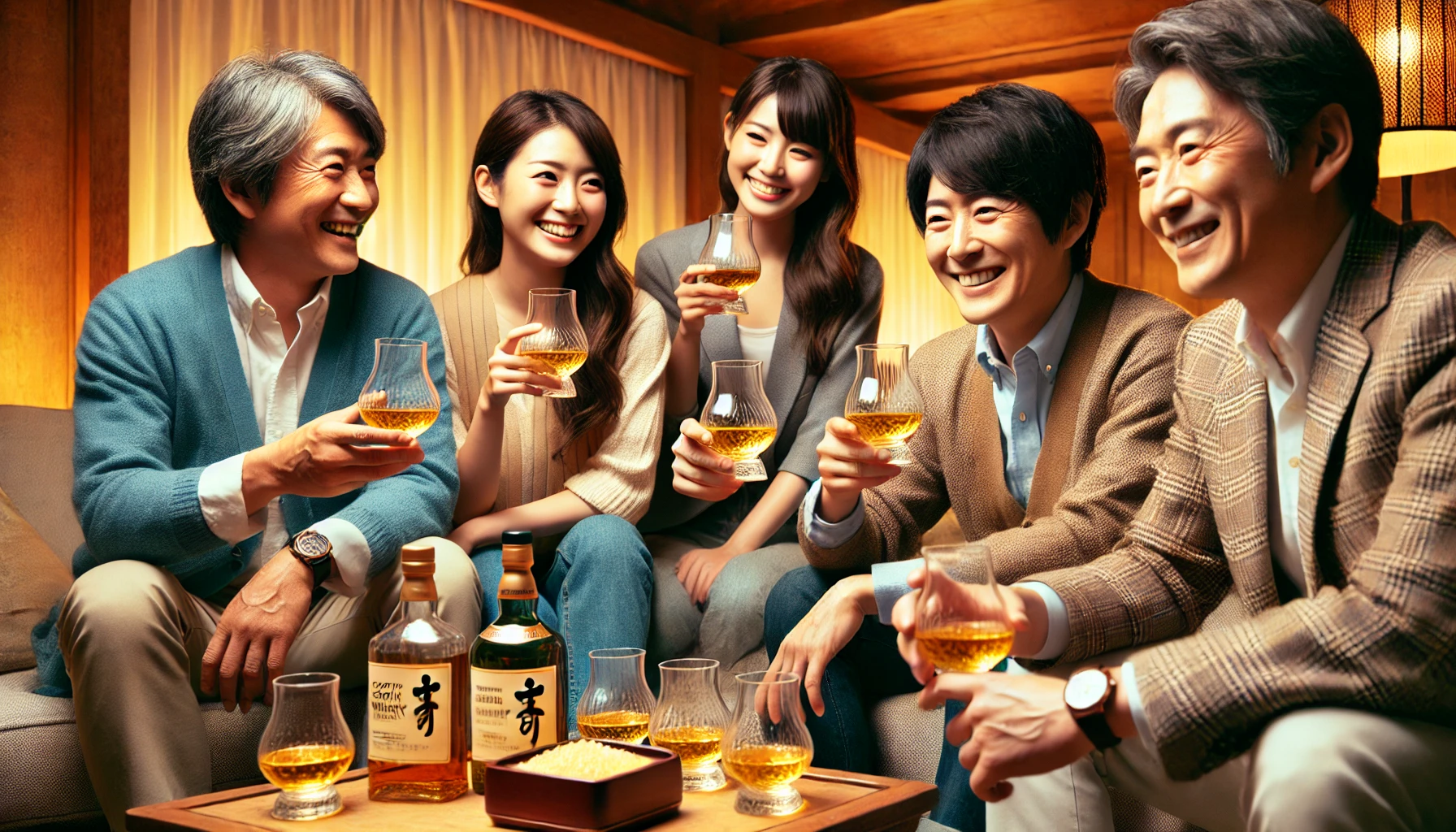 A-group-of-Japanese-people-in-a-cozy-living-room-setting-sitting-together-and-enjoying-Scotch-whisky.-They-are-smiling-engaged-in-conversation