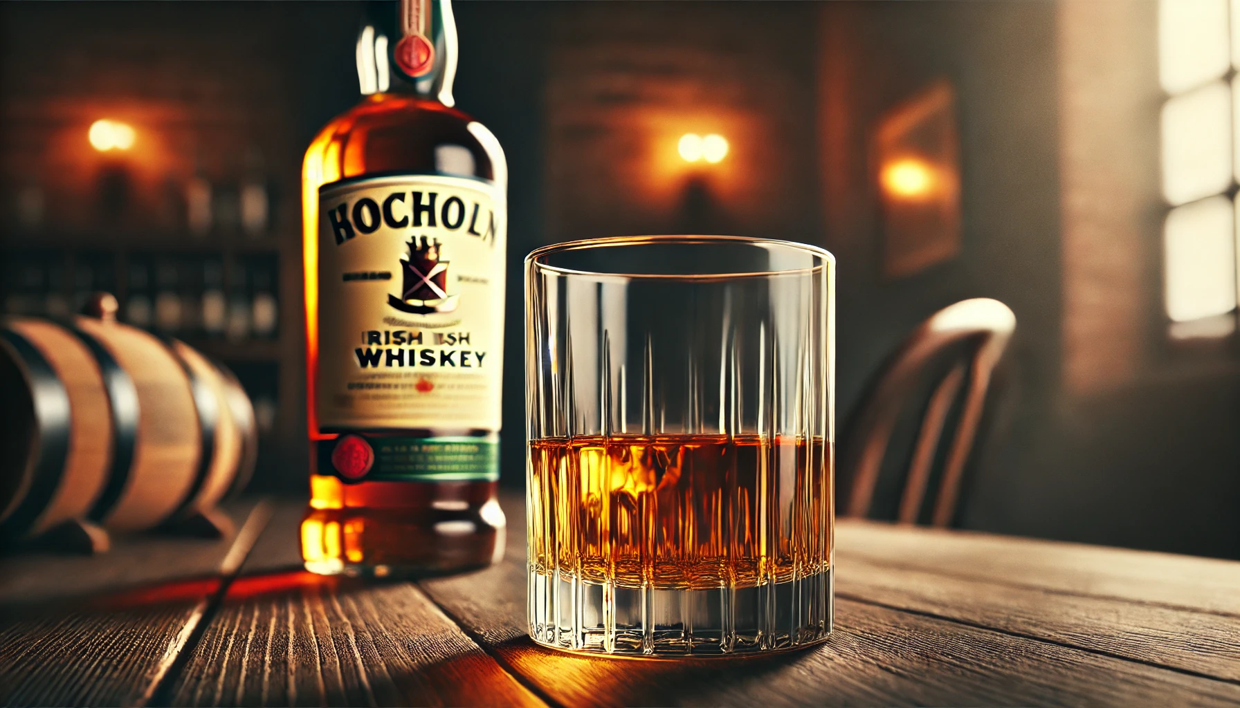 A-glass-of-Irish-whiskey-with-a-smooth-and-fruity-flavor-profile-placed-on-a-wooden-table.-The-glass-reflects-the-golden-hues-of-the-whiskey