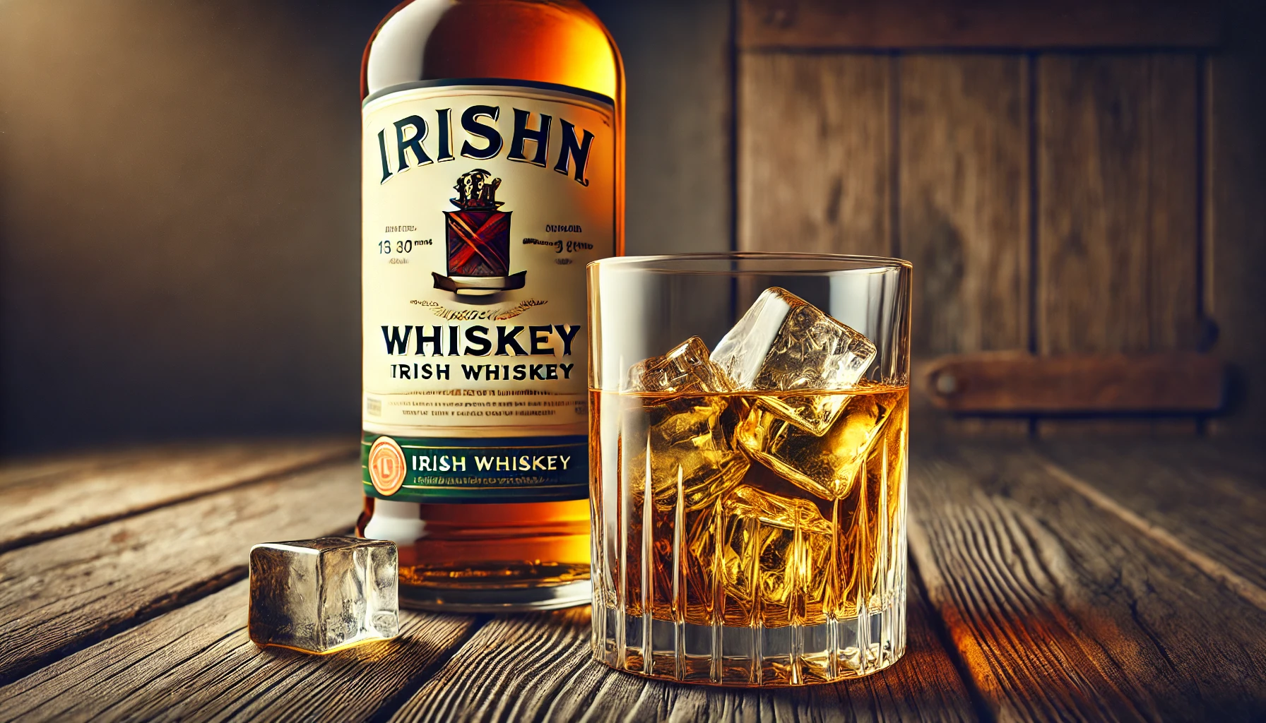 A-glass-of-Irish-whiskey-with-a-smooth-and-fruity-flavor-profile-placed-on-a-wooden-table.-The-glass-is-filled-with-whiskey