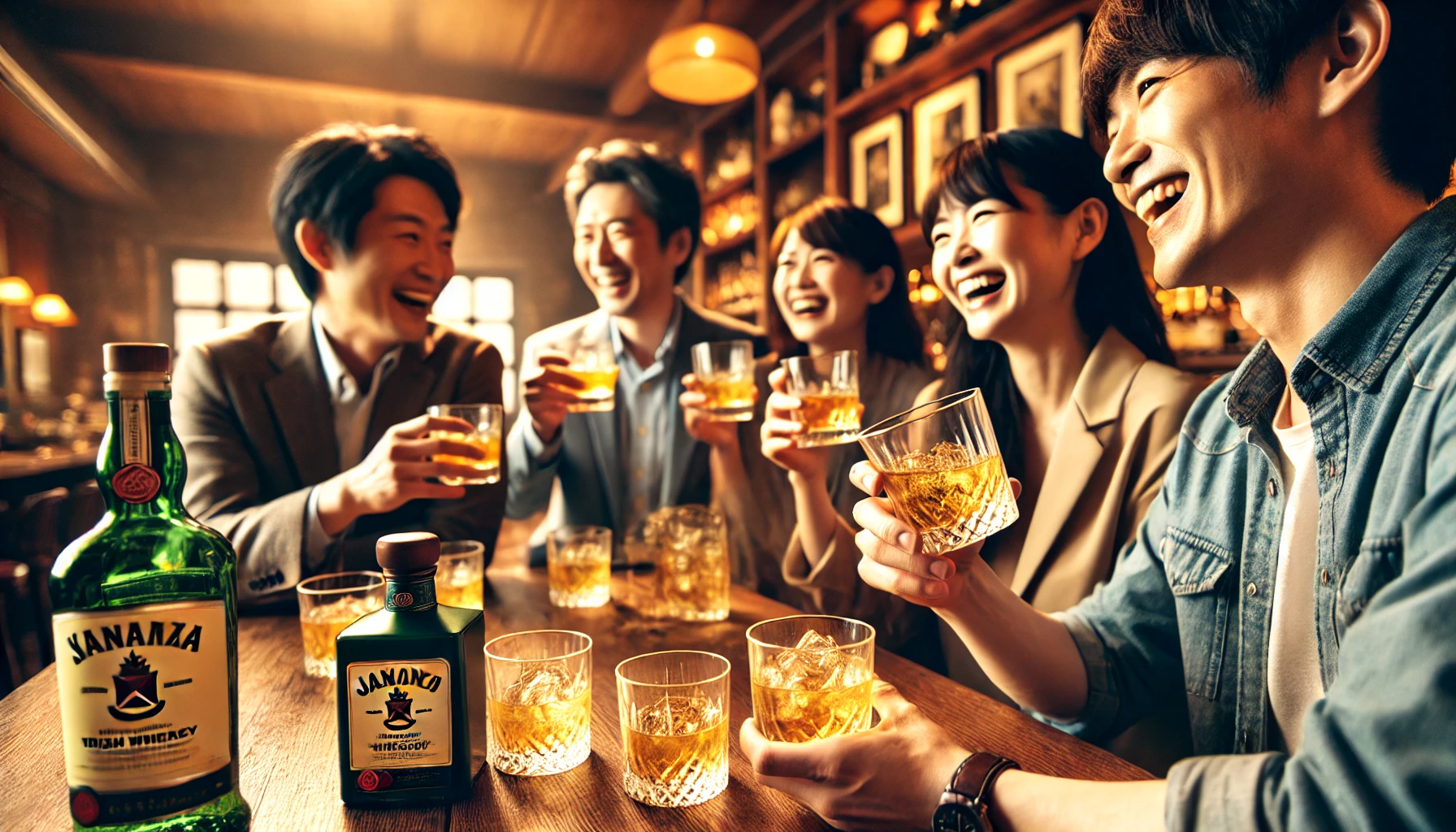 A-group-of-Japanese-people-enjoying-Irish-whiskey-in-a-cozy-setting.-The-scene-captures-a-mix-of-laughter-and-relaxation-with-glasses-of-whiskey