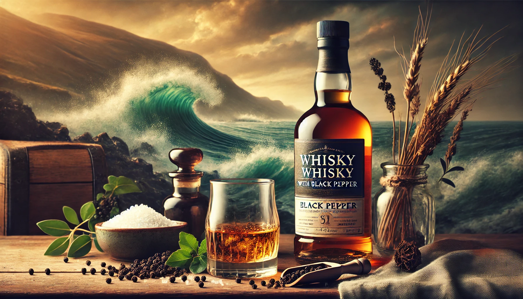 A-bottle-of-whisky-with-black-pepper-and-a-glass-of-whisky-on-a-table-emitting-aromas-of-sea-breeze-and-subtle-sweetness-set-against-a-background