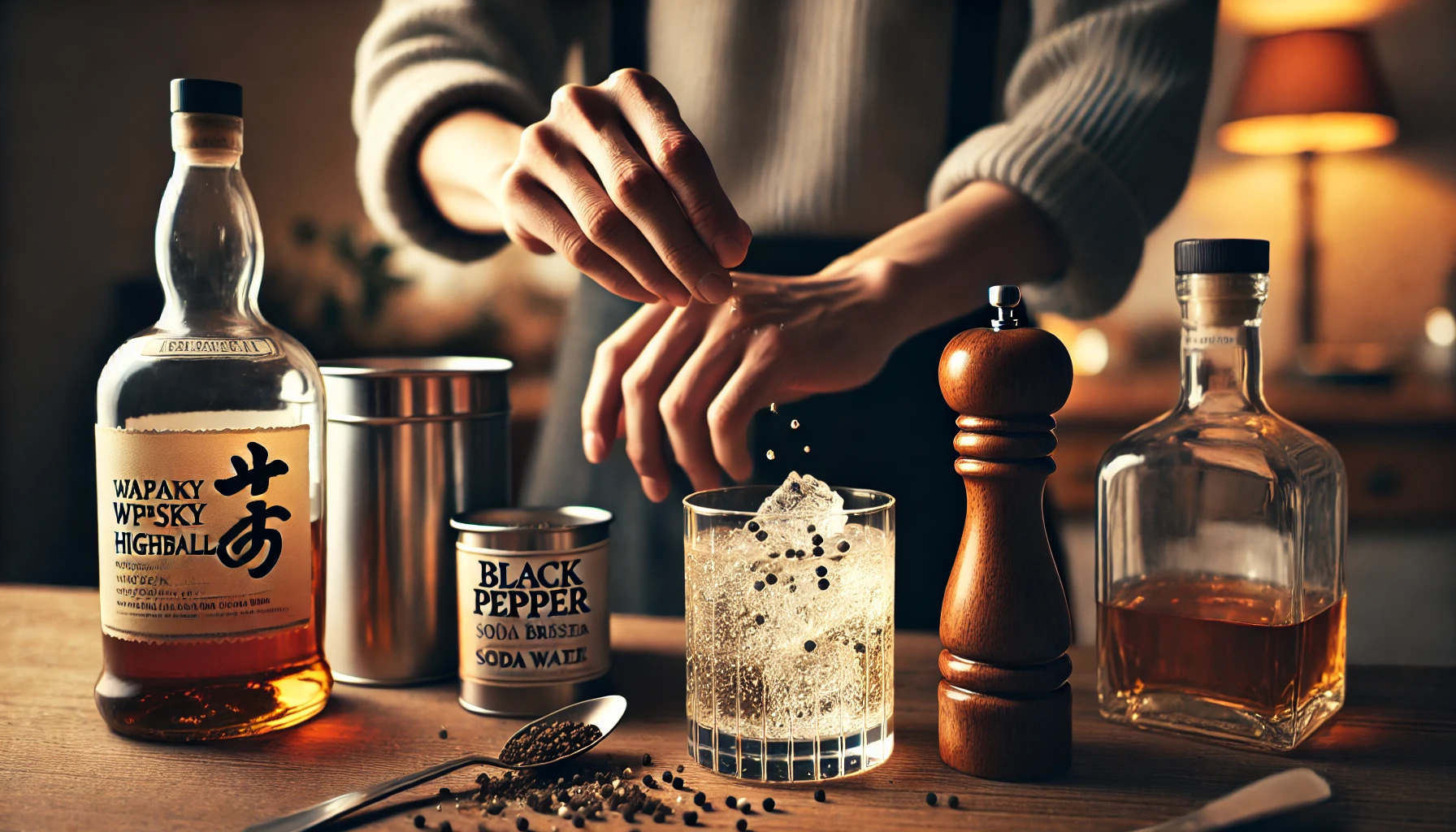 A-Japanese-person-preparing-a-whisky-highball-with-black-pepper-and-sea-breeze-aromas-the-whisky-glass-filled-with-ice-and-soda-water-and-a-pepper