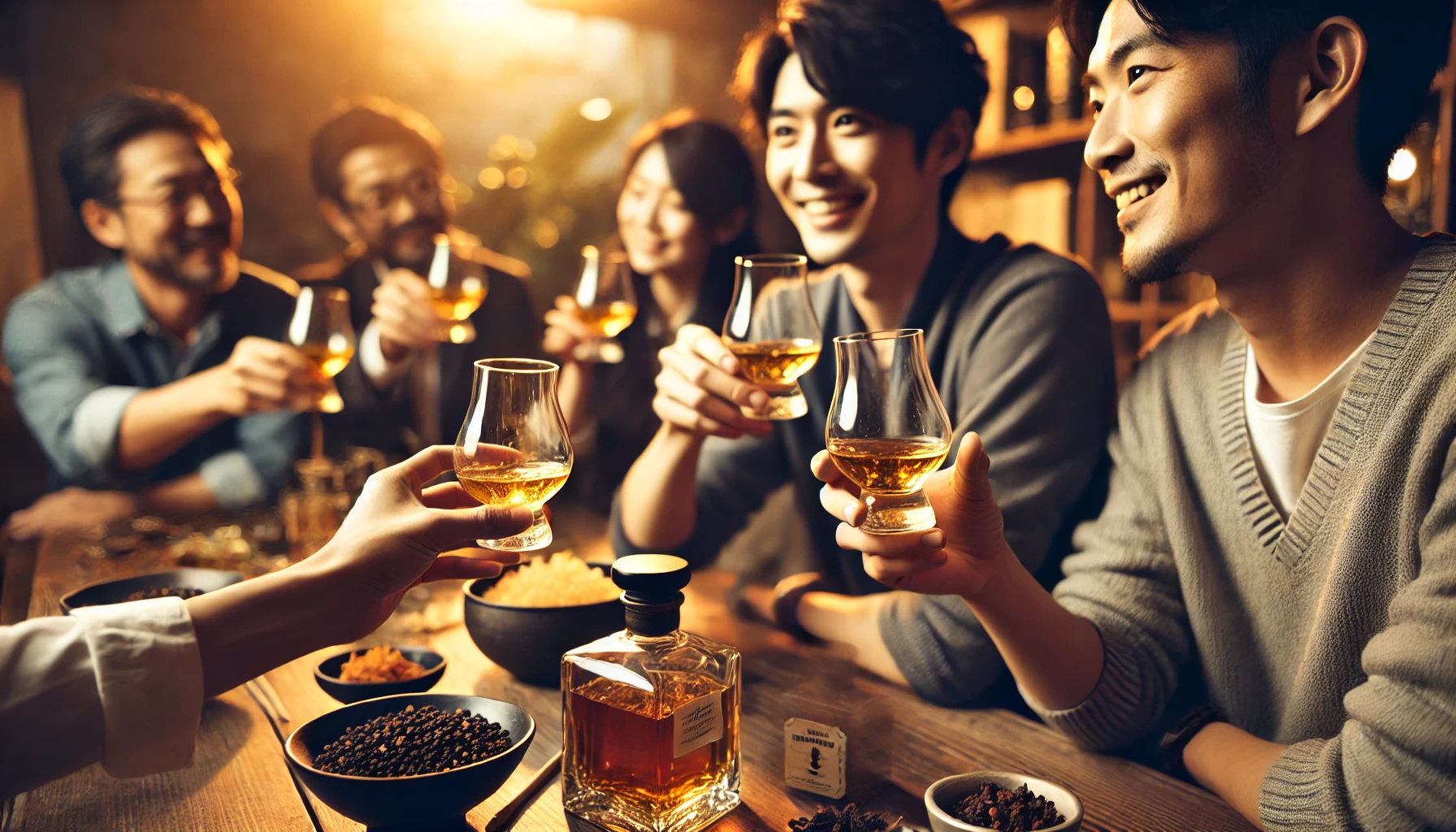 A-group-of-Japanese-friends-enjoying-whisky-in-a-relaxed-setting-with-black-pepper-and-sea-breeze-aromas-in-the-air-toasting-with-glasses-of-whisky