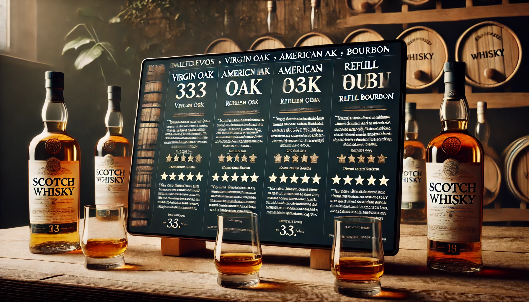 A-collection-of-detailed-reviews-and-ratings-of-a-Scotch-whisky-aged-in-three-different-types-of-casks-Virgin-Oak-American-Oak-Refill-Bourbon