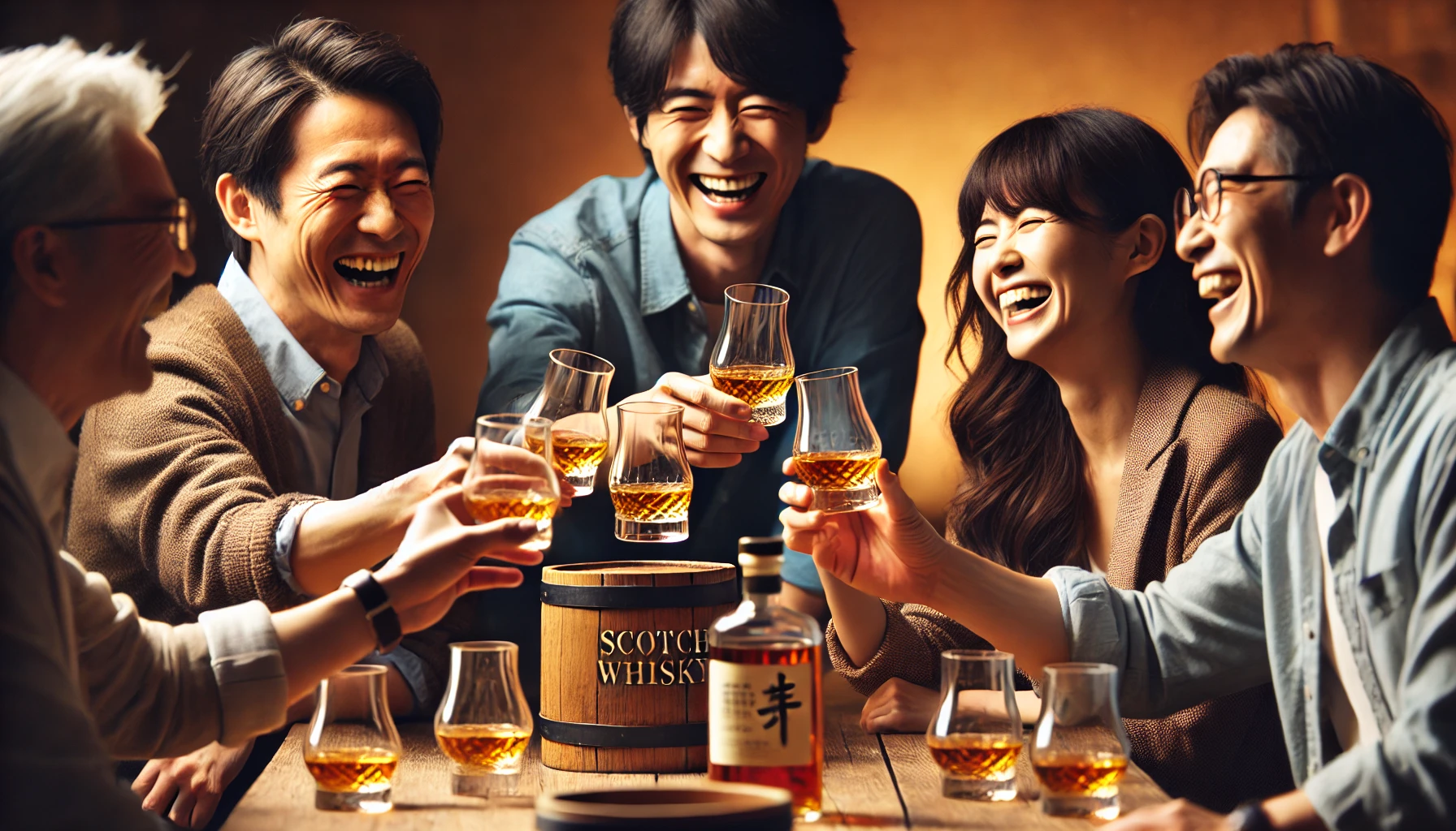 A-joyful-group-of-Japanese-friends-toasting-with-glasses-of-Scotch-whisky-aged-in-three-different-types-of-casks-Virgin-Oak-American-Oak