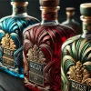 A-close-up-image-showing-three-high-end-scotch-whisky-bottles-with-distinctive-red-blue-and-green-colors.-The-focus-is-on-the-intricate-design