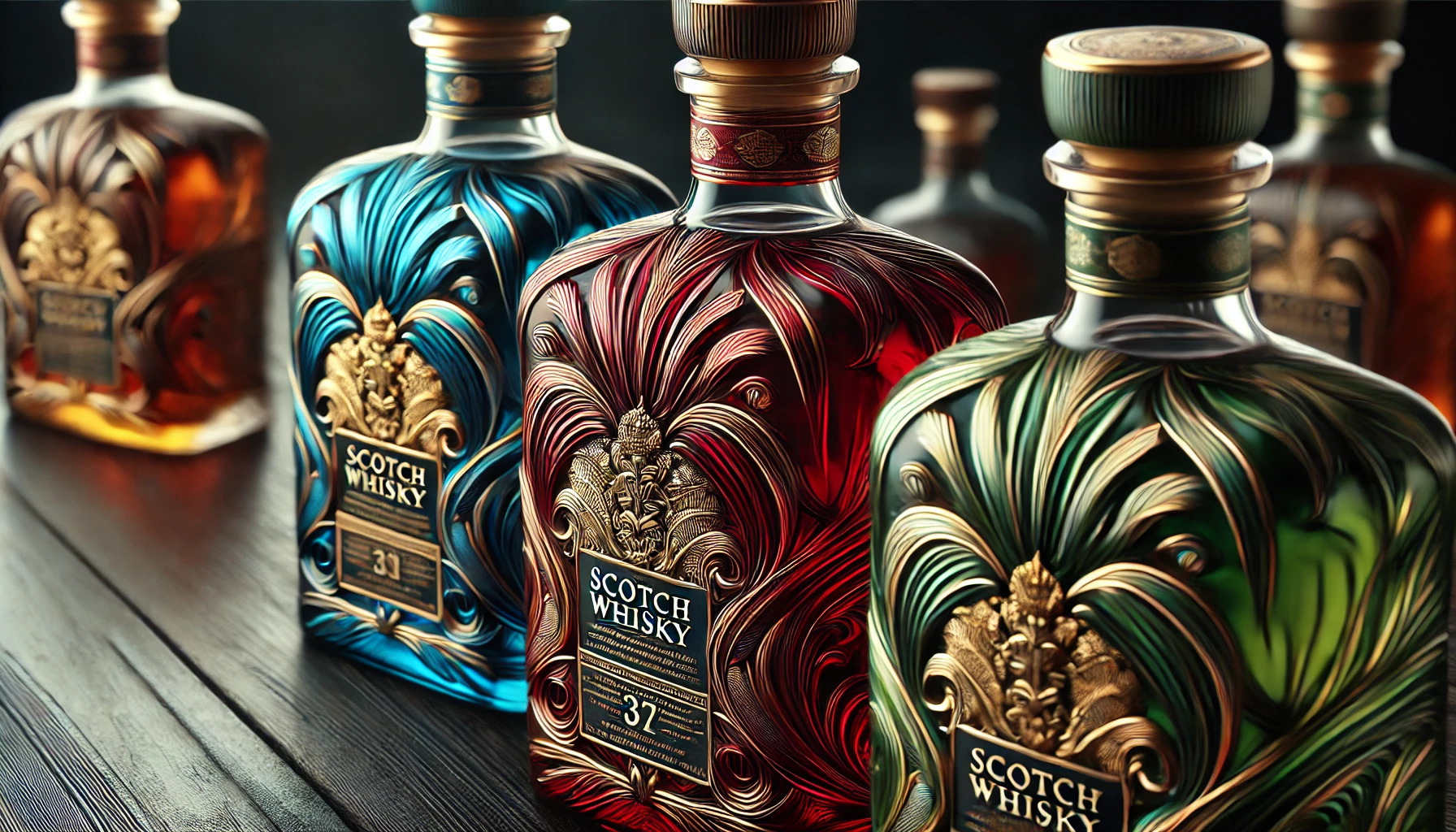 A-close-up-image-showing-three-high-end-scotch-whisky-bottles-with-distinctive-red-blue-and-green-colors.-The-focus-is-on-the-intricate-design