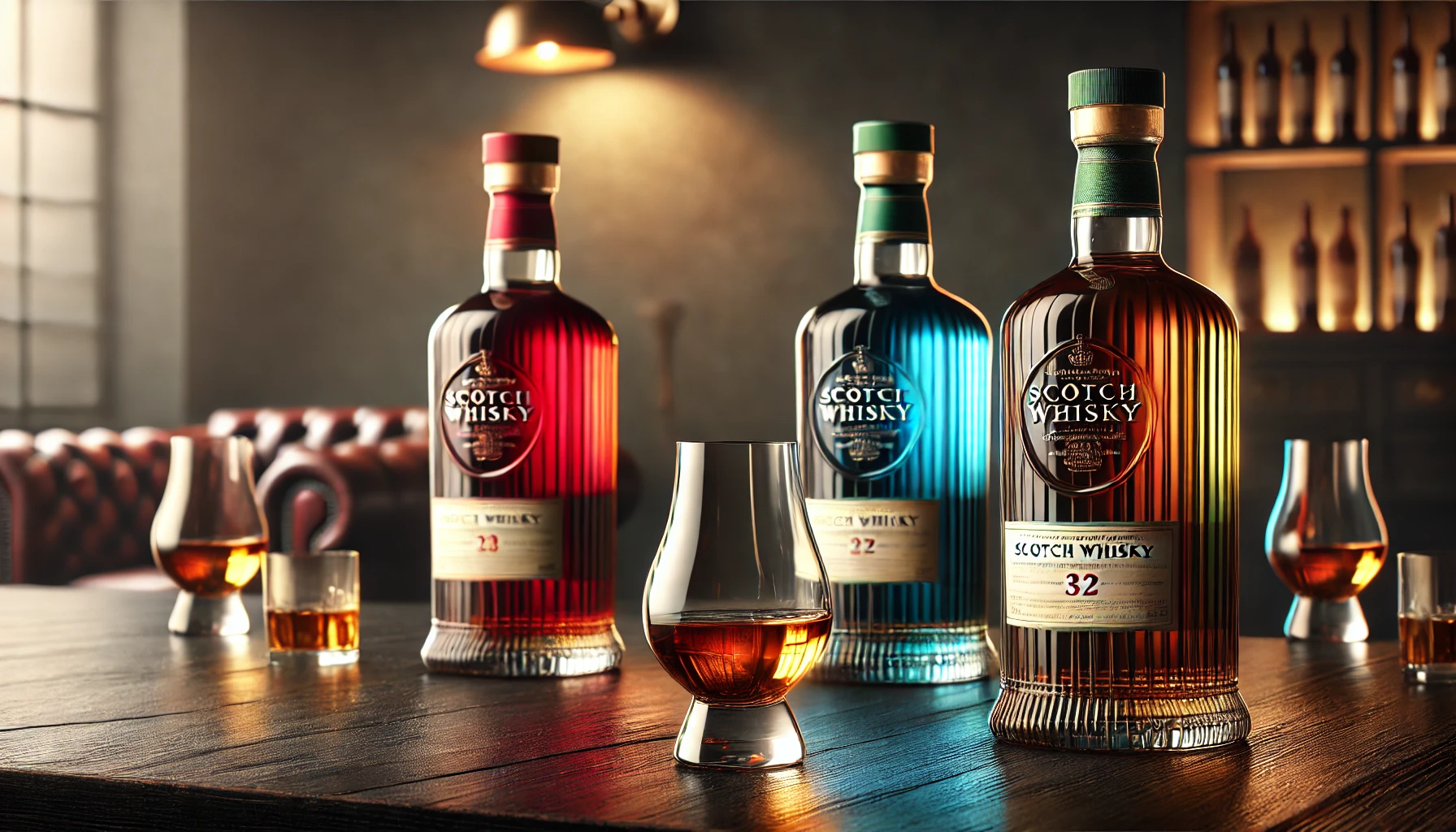 A-luxurious-setting-with-three-high-end-scotch-whisky-bottles-one-red-one-blue-and-one-green-on-a-dark-wooden-table