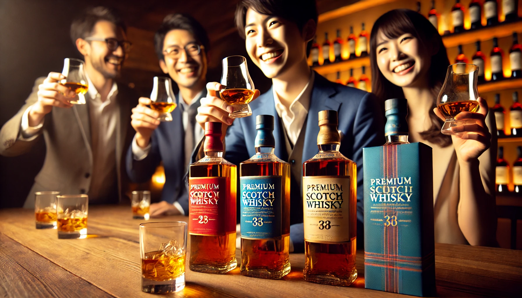 An-image-showing-three-premium-scotch-whisky-bottles-with-red-blue-and-green-colors-placed-on-a-wooden-table.-Next-to-the-bottles-a-group-of-people