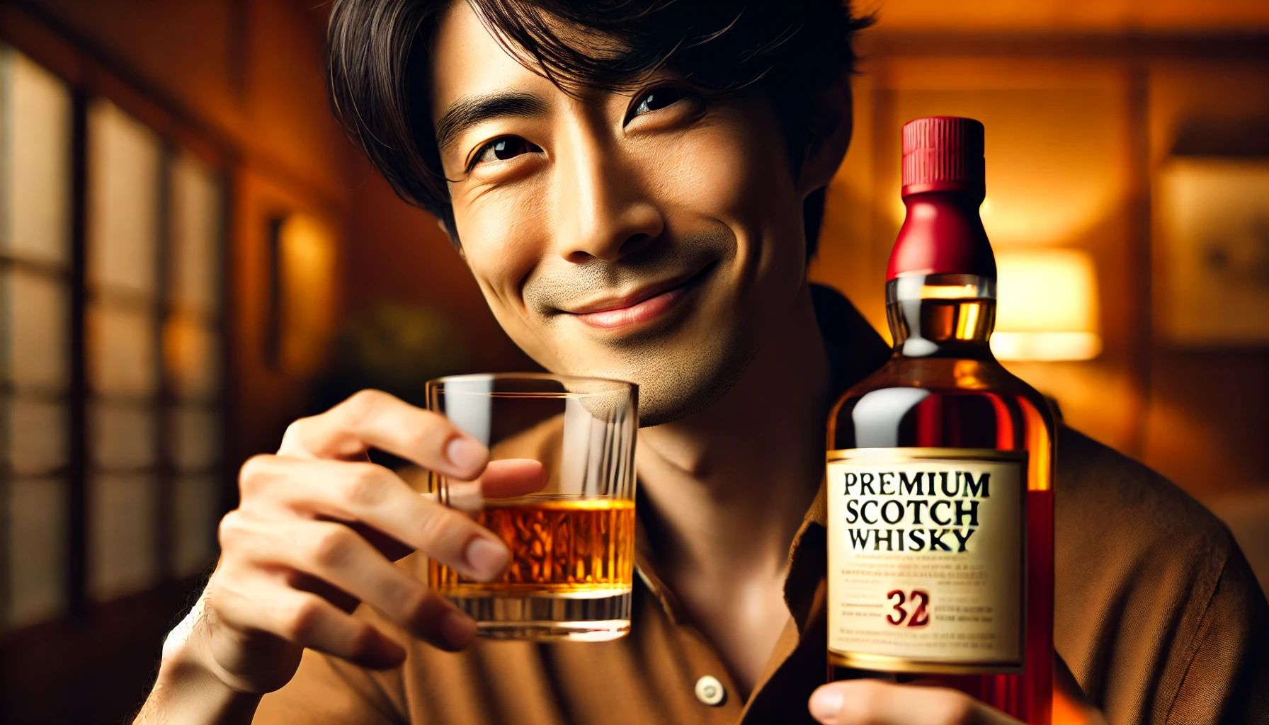 -A-close-up-image-of-a-Japanese-man-enjoying-a-glass-of-premium-scotch-whisky-from-a-red-bottle.-The-man-is-smiling-warmly-and-appears-satisfied-savor