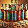 A-display-of-whiskey-bottles-with-green-blue-red-and-gray-labels-each-representing-different-characteristics-and-evaluations-of-whiskey