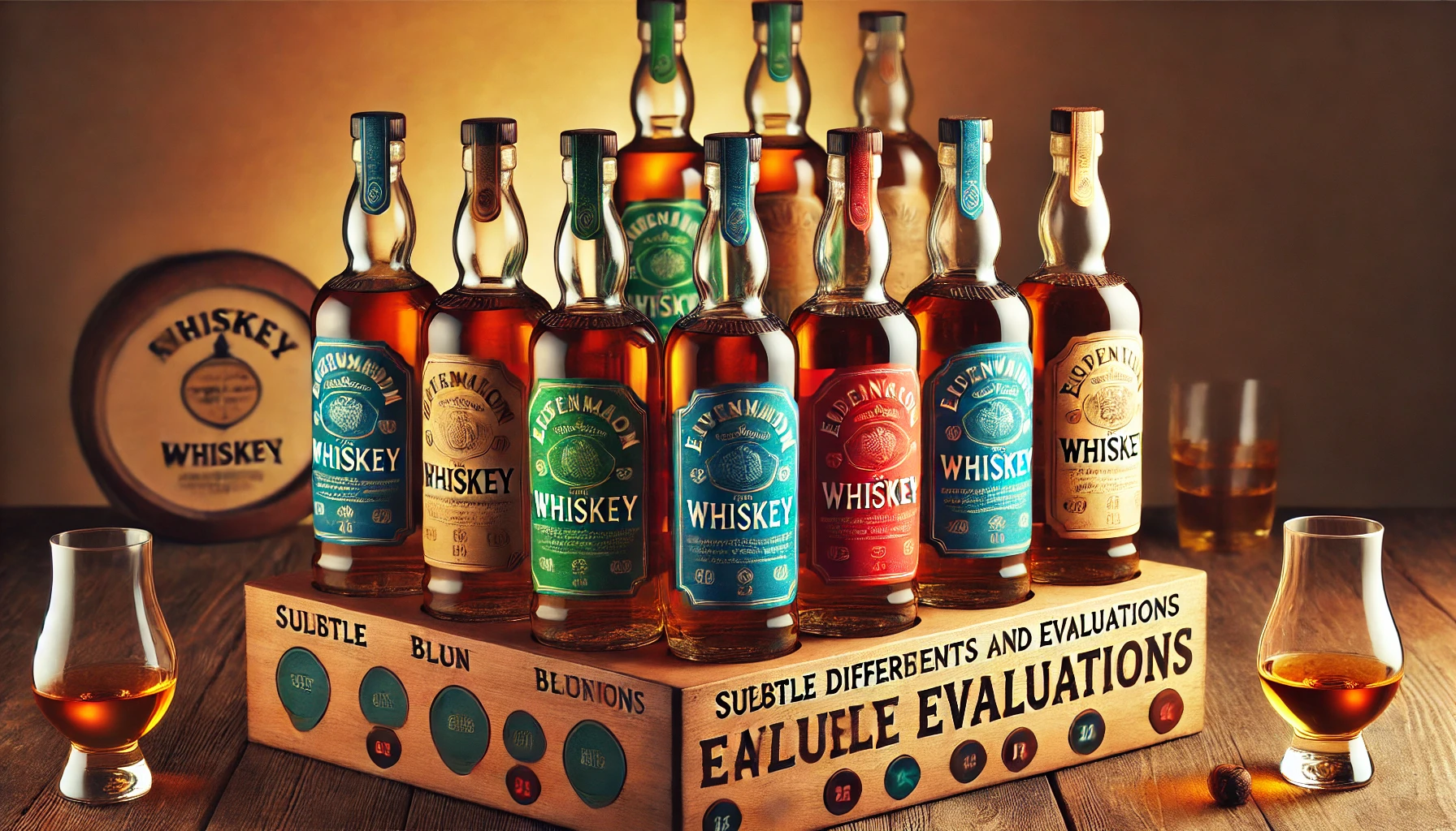 A-display-of-whiskey-bottles-with-green-blue-red-and-gray-labels-each-representing-different-characteristics-and-evaluations-of-whiskey