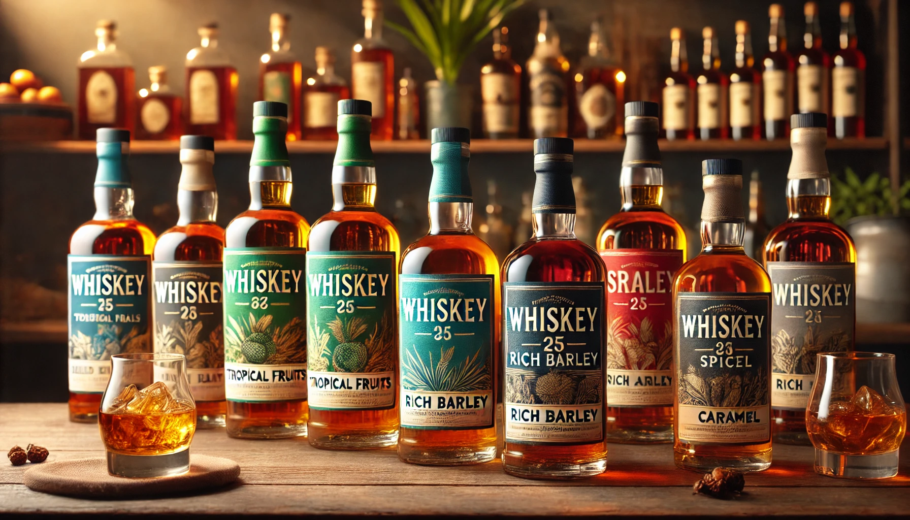 A-display-of-whiskey-bottles-with-green-blue-red-and-gray-labels-each-showcasing-the-different-flavors-of-whiskey