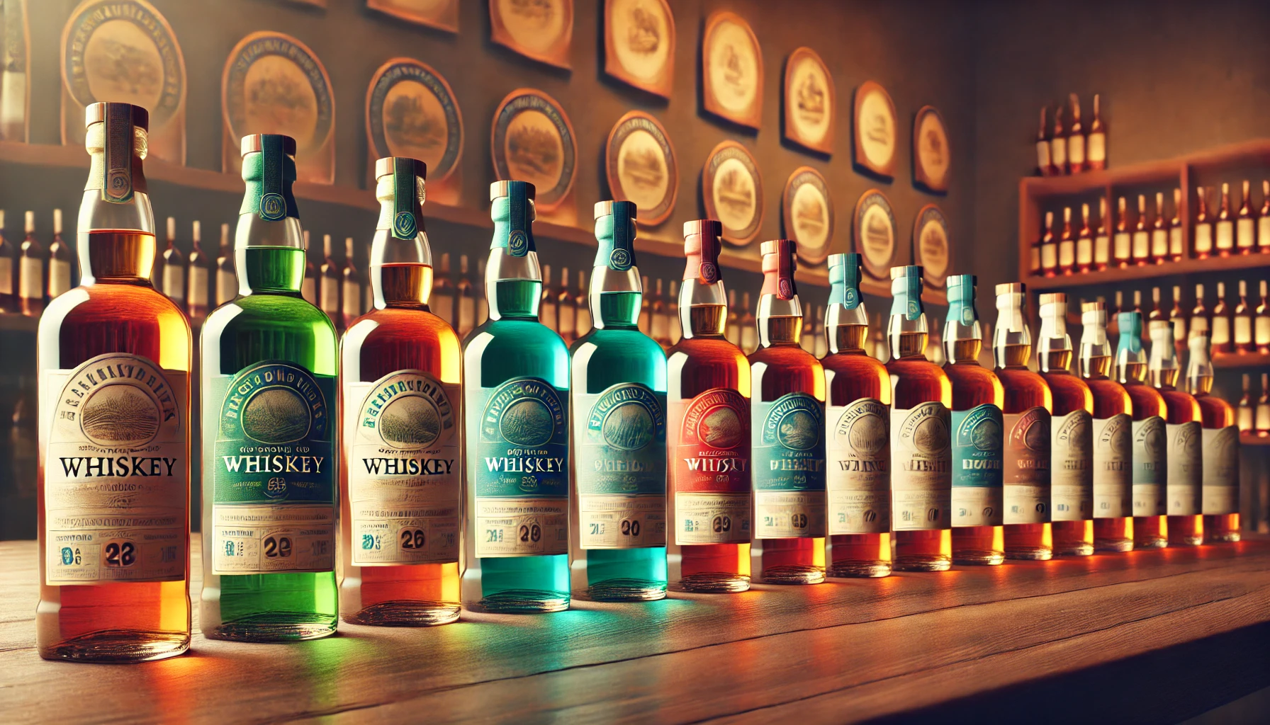 A-display-of-whiskey-bottles-with-green-blue-red-and-gray-labels-each-representing-a-different-type-of-whiskey.-The-bottles-are-arranged-in-a-row