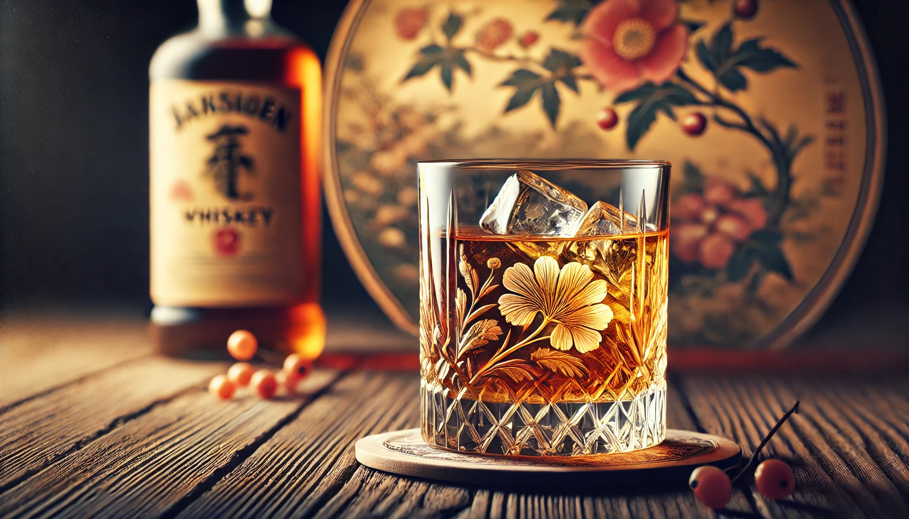 -A-glass-of-whiskey-on-the-rocks-showcasing-its-amber-color-and-fruity-aroma.-The-whiskey-glass-is-placed-on-a-wooden-table