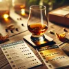 A-whiskey-glass-on-a-wooden-table-surrounded-by-small-tasting-notes-and-review-cards-highlighting-the-positive-evaluation-of-a-fruity