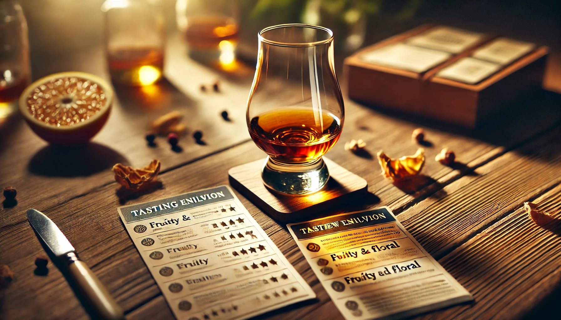 A-whiskey-glass-on-a-wooden-table-surrounded-by-small-tasting-notes-and-review-cards-highlighting-the-positive-evaluation-of-a-fruity