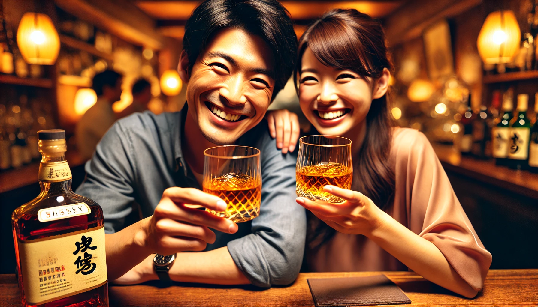 A-scene-of-a-happy-Japanese-couple-sitting-in-a-cozy-bar-smiling-and-toasting-with-glasses-of-fruity-and-floral-whiskey.-The-bar-is-warm-and-inviting