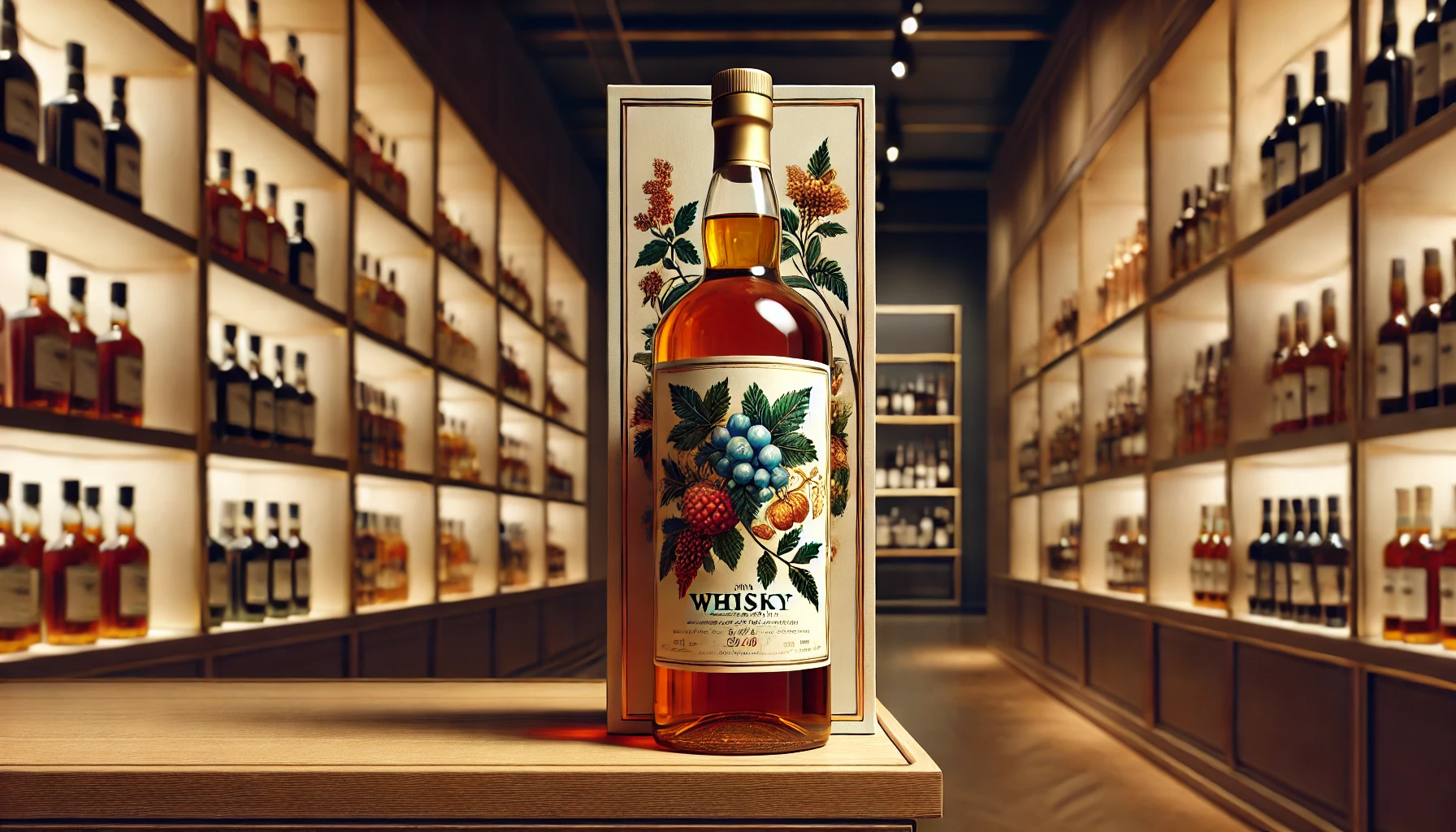 An-elegant-bottle-of-whisky-with-a-fruity-and-floral-label-displayed-on-a-wooden-shelf-in-a-high-end-liquor-store