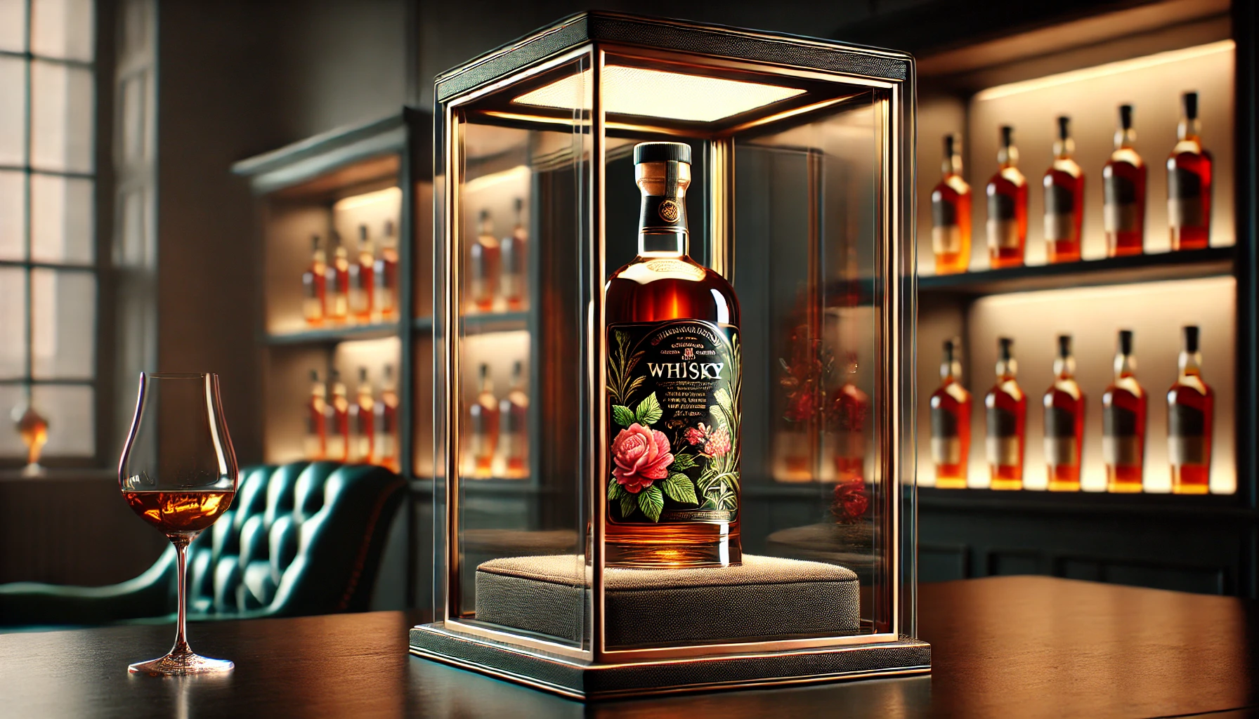 A-close-up-of-a-rare-whisky-bottle-with-a-fruity-and-floral-label-displayed-in-a-glass-case-signifying-its-exclusivity.