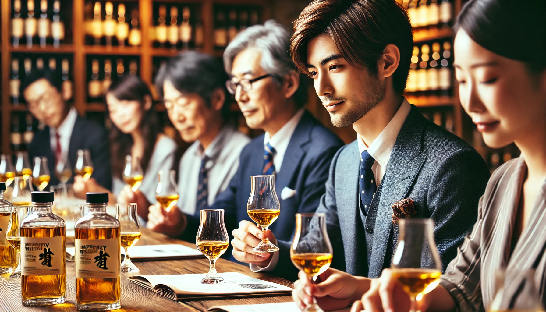 A-group-of-Japanese-whisky-enthusiasts-at-a-tasting-event-discussing-a-rare-fruity-and-floral-whisky