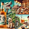 A-bottle-of-rare-rice-whiskey-produced-in-Okinawa-set-on-a-table-with-a-traditional-Okinawan-backdrop-such-as-shisa-statues-and-lush-greenery