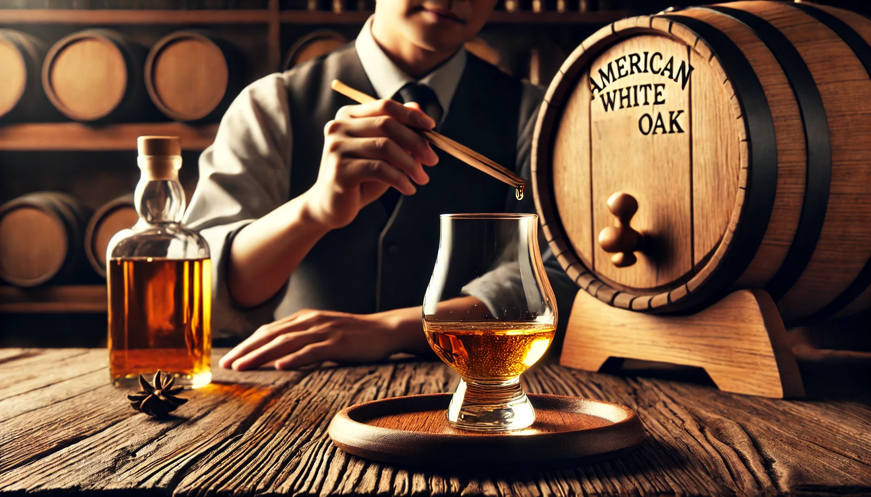 A close-up image of a whiskey glass filled with golden whiskey, placed on a wooden table with an American White Oak cask in the background. The setting is rustic and warm, reflecting the high quality and rich heritage of the whiskey. A Japanese person is evaluating the whiskey, adding an element of human interaction.