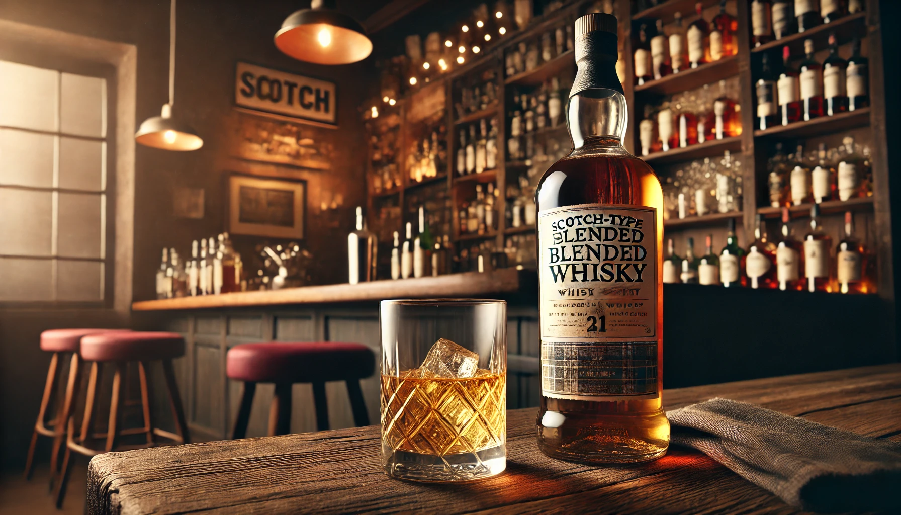 A bottle of Scotch-type blended whisky with a detailed label, placed on a wooden table with a glass of whisky on the rocks next to it. Background includes a rustic bar setting with dim lighting, wooden shelves with various whisky bottles, and a cozy ambiance.