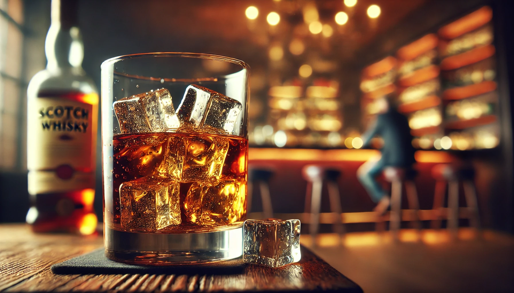 A detailed close-up of a glass of Scotch-type blended whisky with ice cubes, showing the rich amber color of the liquid. The background features a blurred, cozy bar ambiance with warm lighting and wooden elements, enhancing the inviting feel of enjoying whisky.