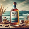 A bottle of blended whisky with a flavor reminiscent of sea breeze, showcased on a wooden table with a backdrop of the ocean. The whisky bottle is elegantly designed, highlighting its unique characteristics. The scene is inviting and exudes the essence of coastal flavors.