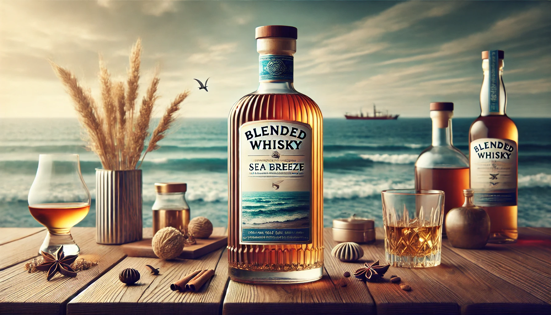 A bottle of blended whisky with a flavor reminiscent of sea breeze, showcased on a wooden table with a backdrop of the ocean. The whisky bottle is elegantly designed, highlighting its unique characteristics. The scene is inviting and exudes the essence of coastal flavors.