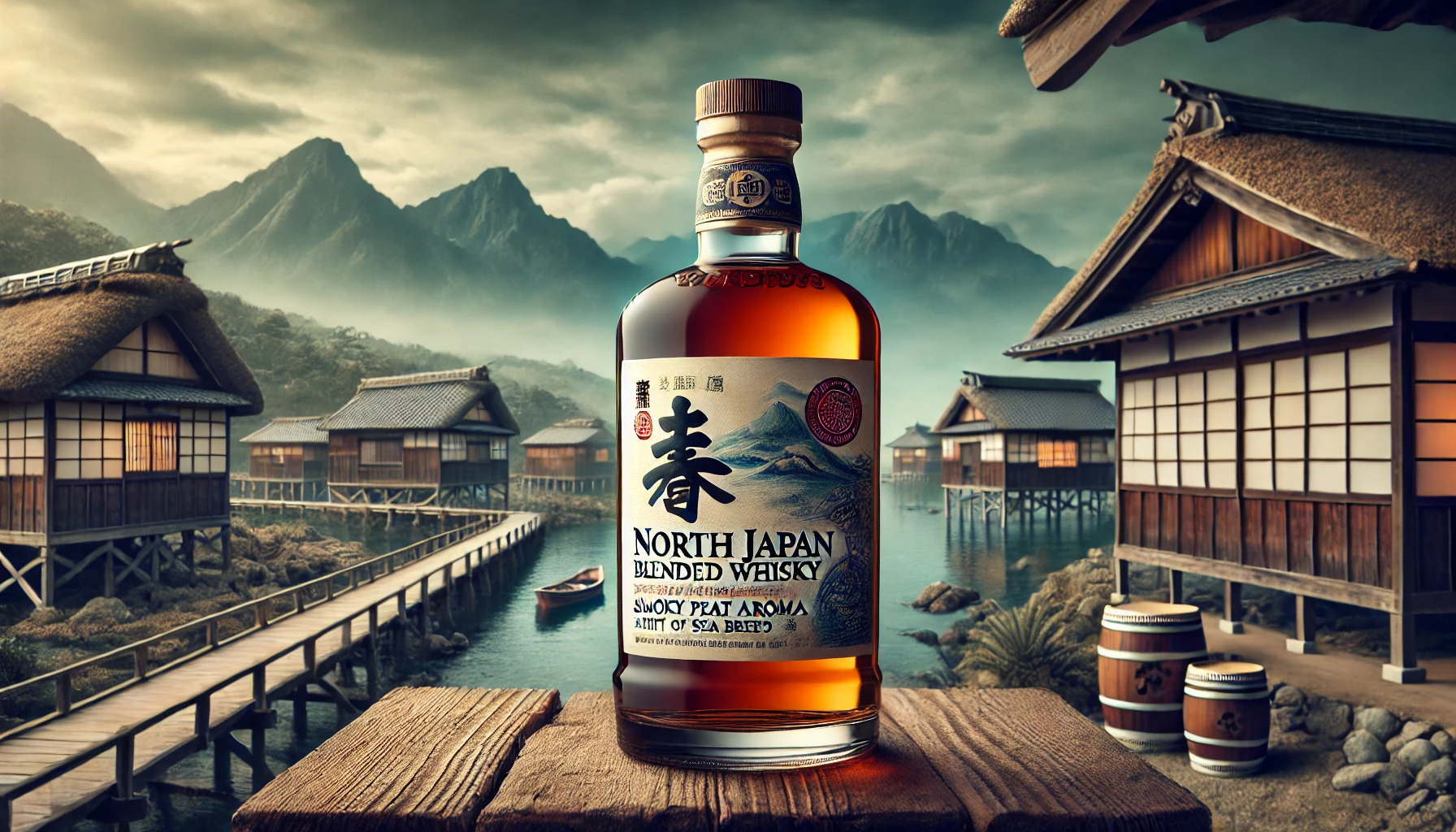 A bottle of North Japan blended whisky with smoky peat aroma and a hint of sea breeze, set against a backdrop of traditional Japanese coastal scenery. The whisky bottle is prominently displayed with a detailed label, emphasizing its regional characteristics. The scene reflects a blend of tradition and quality.