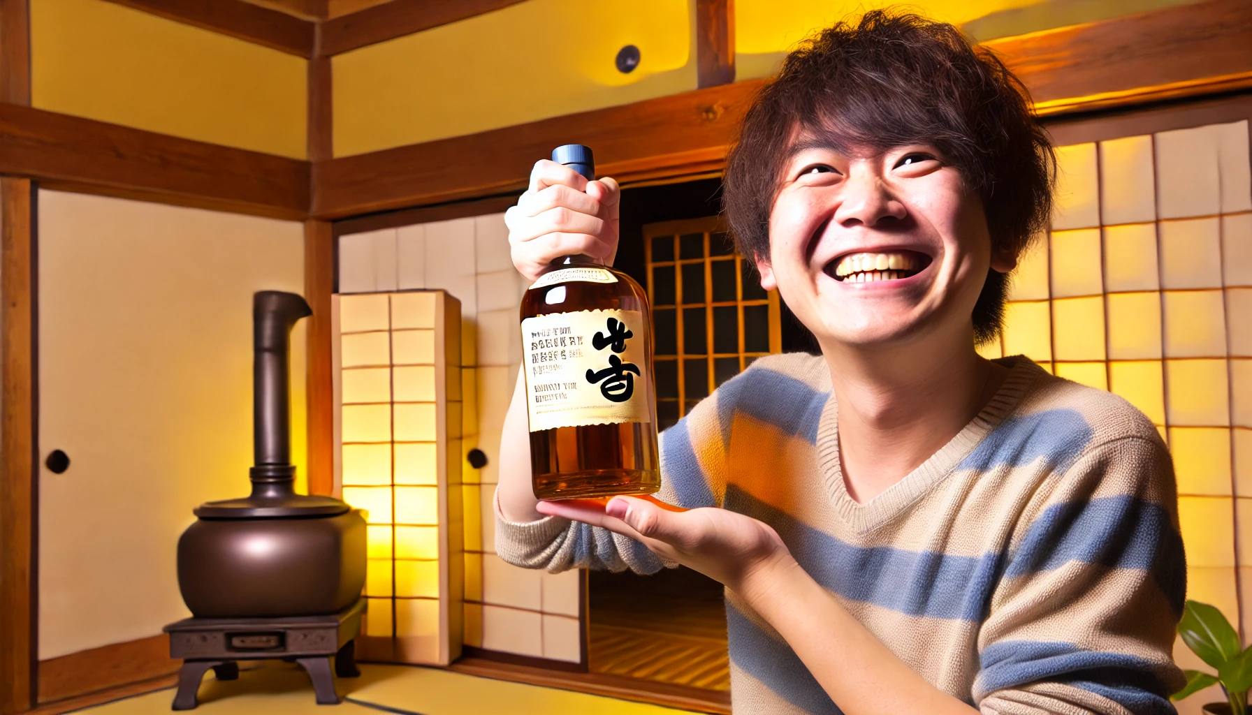 A Japanese person joyfully holding a bottle of blended whisky with smoky peat aroma and sea breeze notes. The background is a cozy, warmly lit room with traditional Japanese decor. The person is smiling, clearly delighted with their purchase. The whisky bottle's label is visible, emphasizing its unique characteristics.