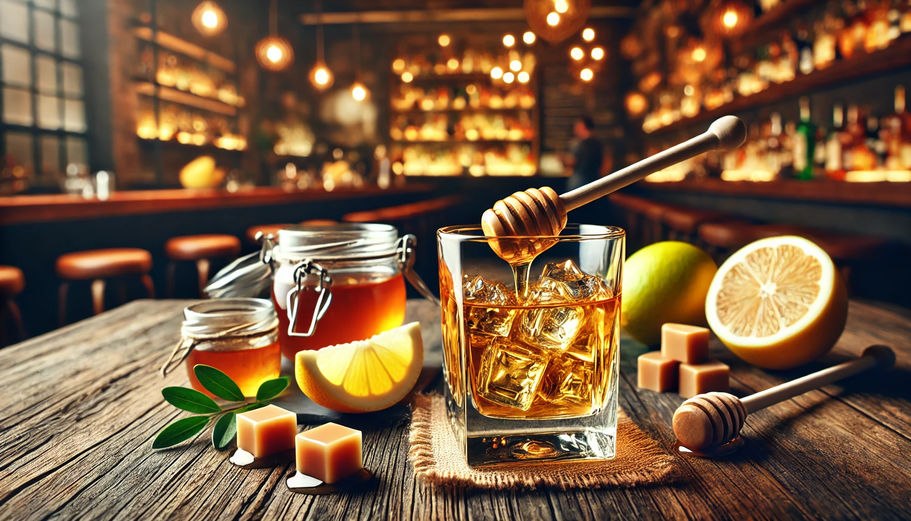 A glass of whiskey with a honey and caramel scent, and a lemon and melon fruity flavor, set on a wooden table. The background shows a cozy bar ambiance with warm lighting and wooden furnishings. The whiskey glass is accompanied by a honey dipper and caramel pieces. (16:9 aspect ratio)