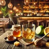 A glass of whiskey with a honey and caramel scent, and a lemon and melon fruity flavor, set on a wooden table. The background shows a cozy bar ambiance with warm lighting and wooden furnishings. The whiskey glass is accompanied by a honey dipper and caramel pieces. (16:9 aspect ratio)