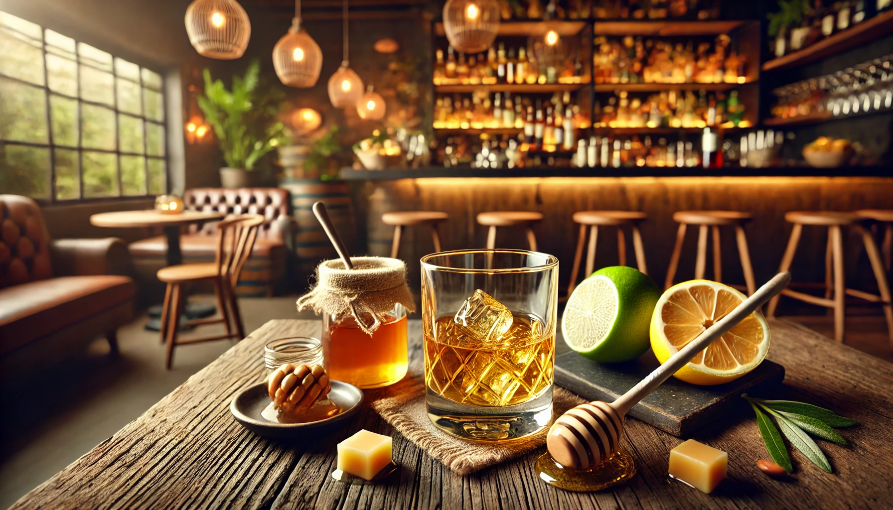 A glass of whiskey with a honey and caramel scent, and a lemon and melon fruity flavor, set on a wooden table. The background shows a cozy bar ambiance with warm lighting and wooden furnishings. The whiskey glass is accompanied by a honey dipper and caramel pieces. (16:9 aspect ratio)