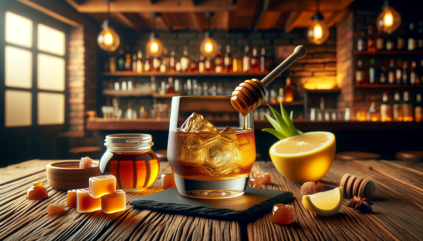 A glass of whiskey with a honey and caramel scent, and a lemon and melon fruity flavor, set on a wooden table. The background shows a cozy bar ambiance with warm lighting and wooden furnishings. The whiskey glass is accompanied by a honey dipper and caramel pieces. (16:9 aspect ratio)