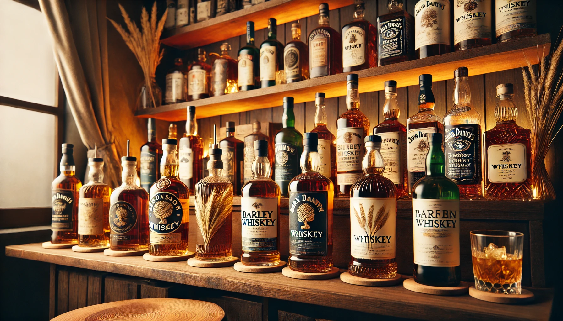 A variety of barley-based whiskey bottles on a wooden shelf, showcasing different brands and labels, in a cozy setting with warm lighting.