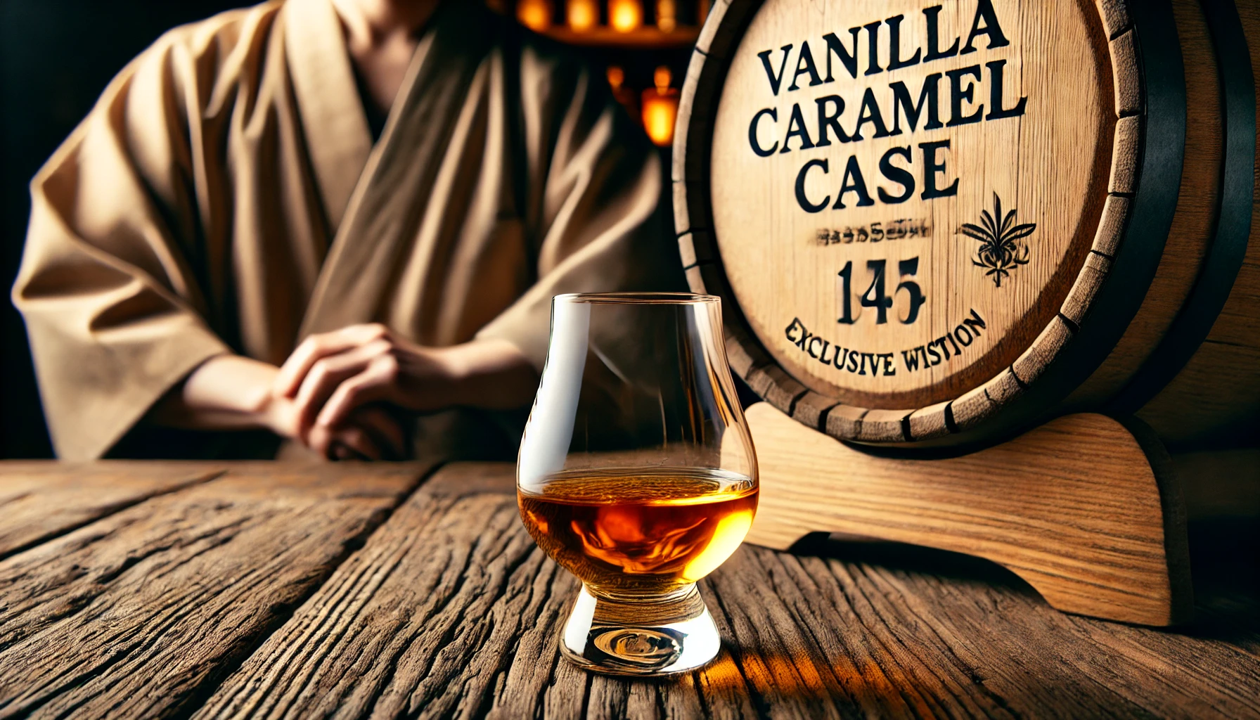 A close-up image of a whiskey glass filled with amber whiskey, set on a wooden table. The background shows a rustic barrel with the words 'Vanilla Caramel Cask' engraved. A Japanese person is appreciating the whiskey, highlighting its exclusive nature. The setting is warm and inviting.