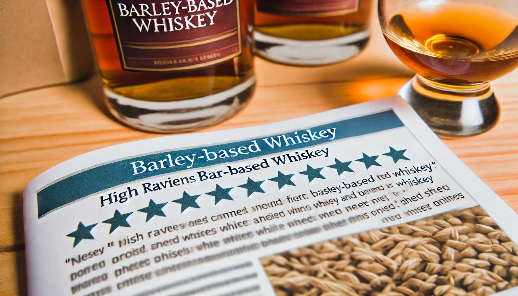 A detailed view of a review page showing high ratings and positive comments for barley-based whiskey, with a background of whiskey bottles and glasses.