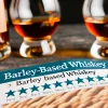 A detailed view of a review page showing high ratings and positive comments for barley-based whiskey, with a background of whiskey bottles and glasses.