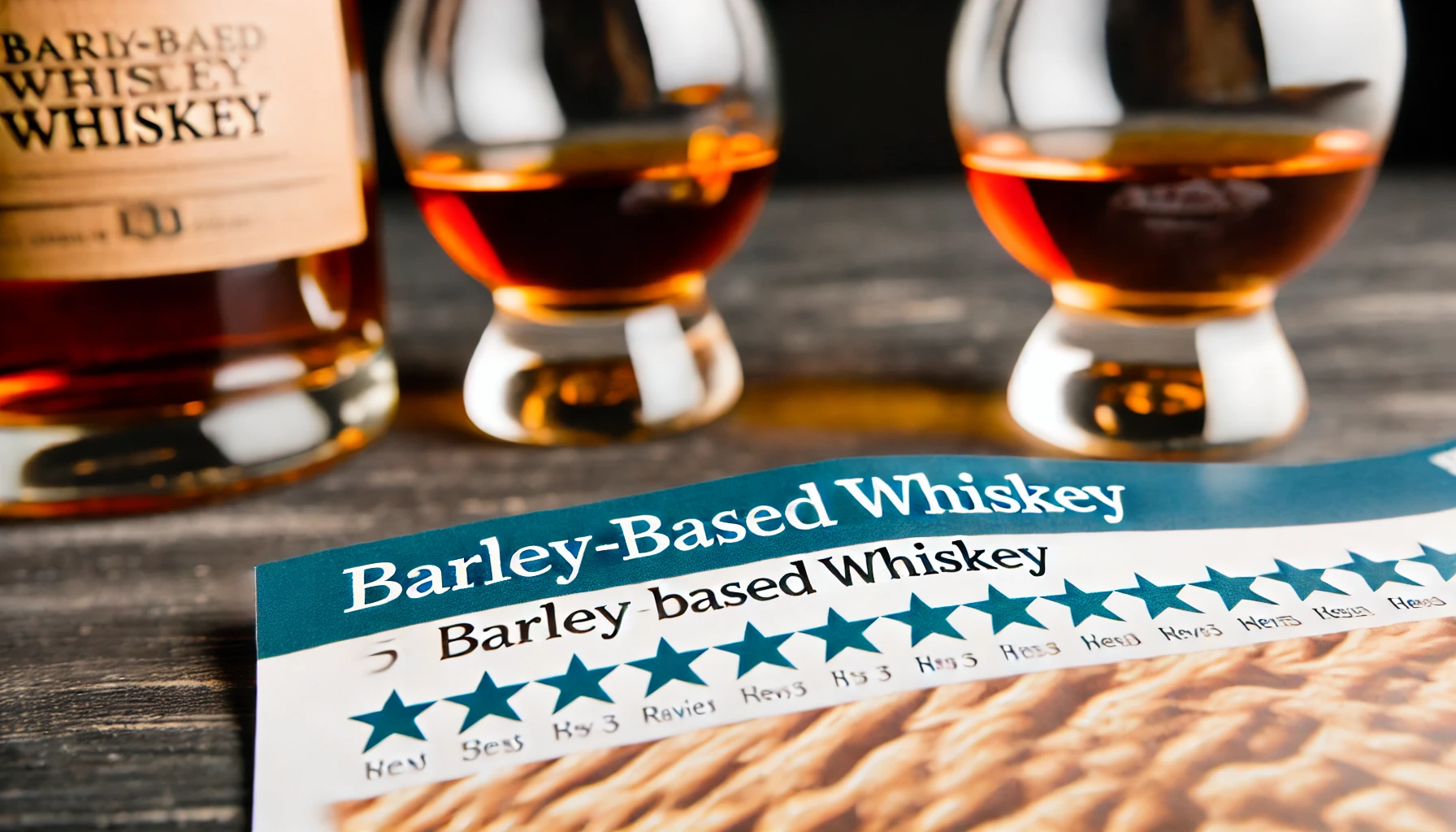 A detailed view of a review page showing high ratings and positive comments for barley-based whiskey, with a background of whiskey bottles and glasses.