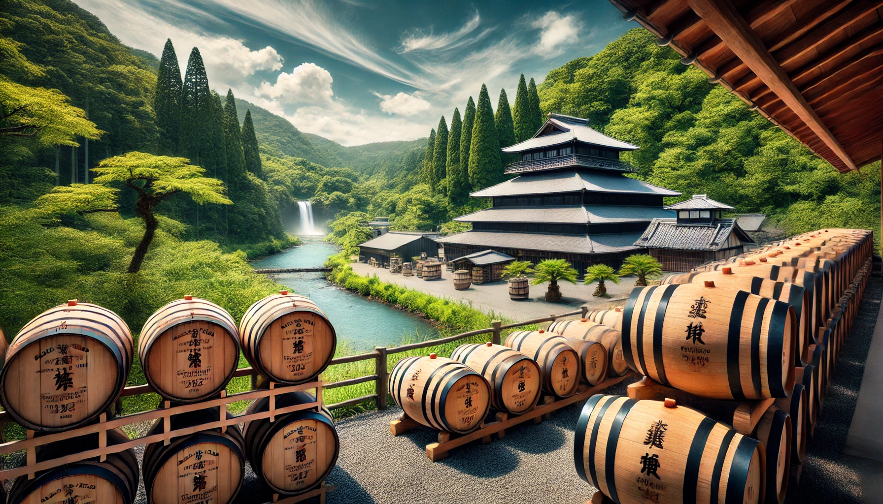 A scenic view of a distillery in Tottori, Japan, with barrels of bourbon aging in the foreground. The distillery is surrounded by lush greenery and traditional Japanese architecture.