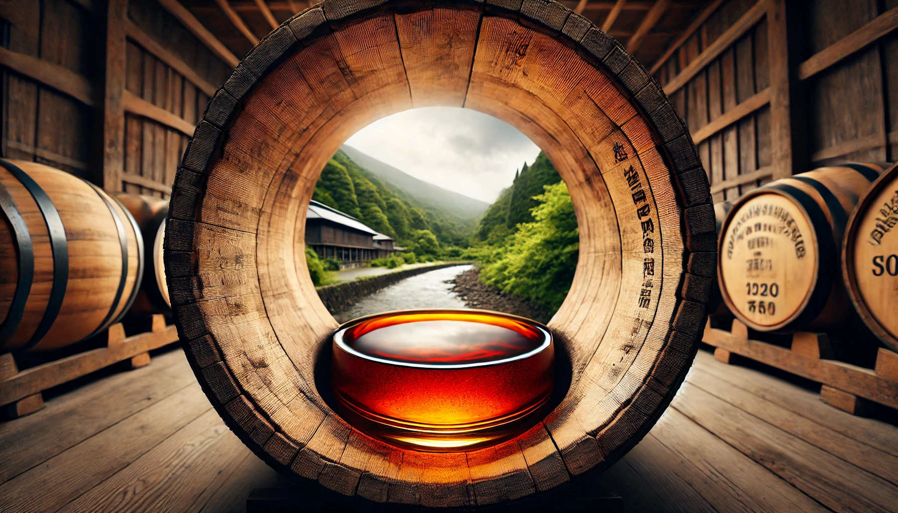 A close-up view of a long-aged bourbon barrel in Tottori, Japan, with the rich amber liquid visible through a small opening. The barrel is surrounded by a serene and rustic setting.