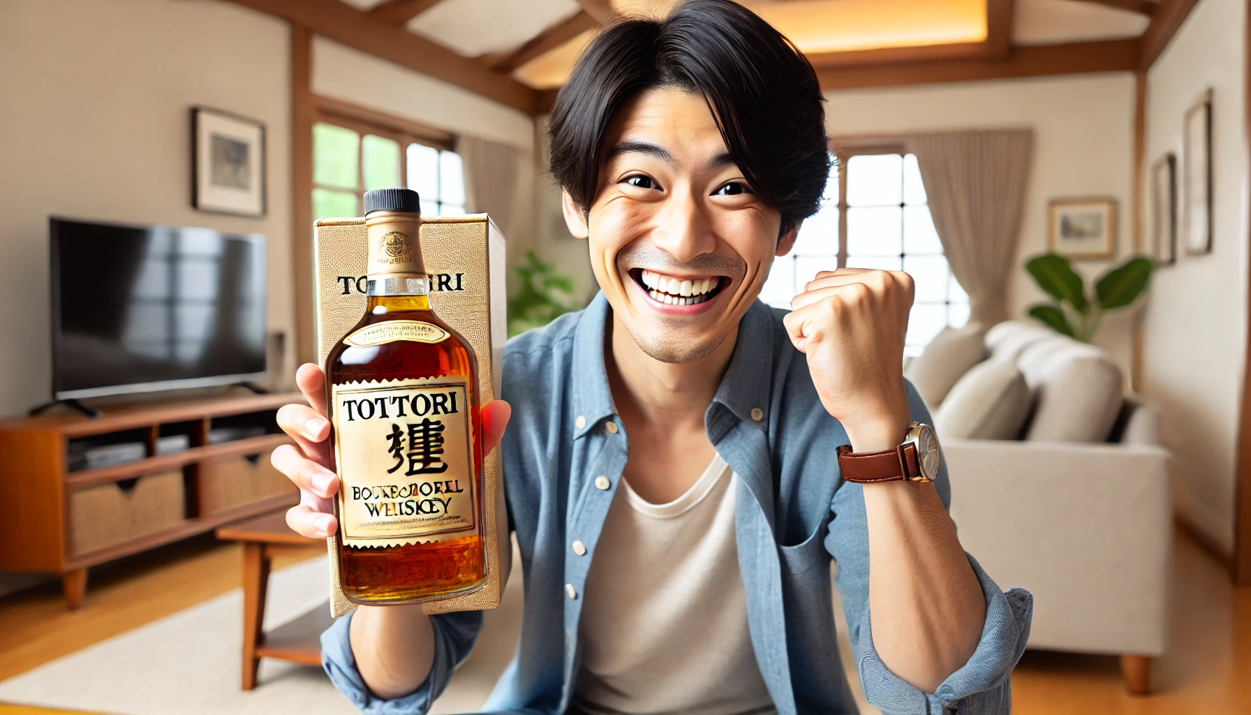 A Japanese person happily holding a bottle of Tottori bourbon barrel whiskey at home, showing joy and excitement. The setting is a cozy and modern Japanese living room.