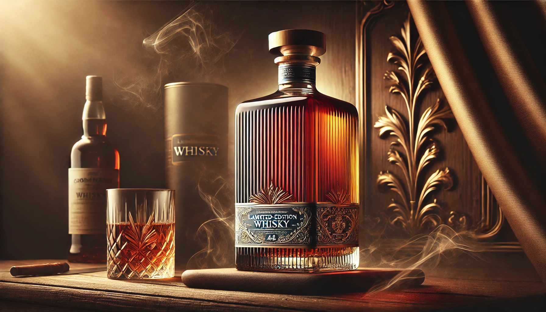 A luxurious and limited-edition whisky bottle, surrounded by a rich and fragrant atmosphere. The bottle has a deep amber color, with elegant labeling and intricate detailing. The background is sophisticated, perhaps a dark wood or polished surface, highlighting the richness and balance of the whisky's flavor. There is no person in this image.