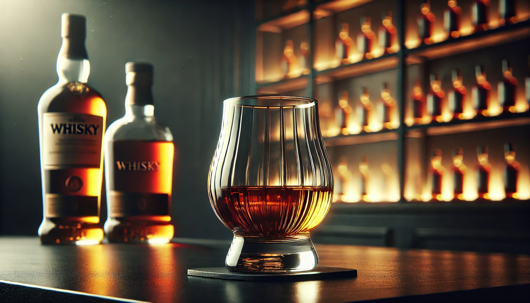 A luxurious whisky glass with rich and fragrant whisky, showcasing its deep amber color and aromatic qualities. The background is sophisticated, with subtle lighting that highlights the balance and richness of the whisky. There is no person in this image.