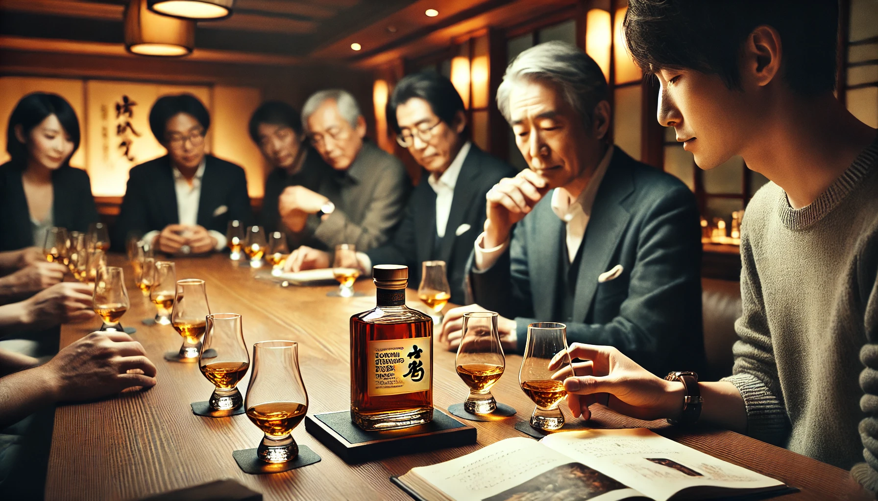 A group of Japanese whisky enthusiasts gathered around a table, tasting and discussing a luxurious, limited-edition whisky. The atmosphere is warm and inviting, with a focus on the rich and balanced flavors of the whisky. The setting is a high-end, cozy whisky bar with wood paneling and soft lighting.