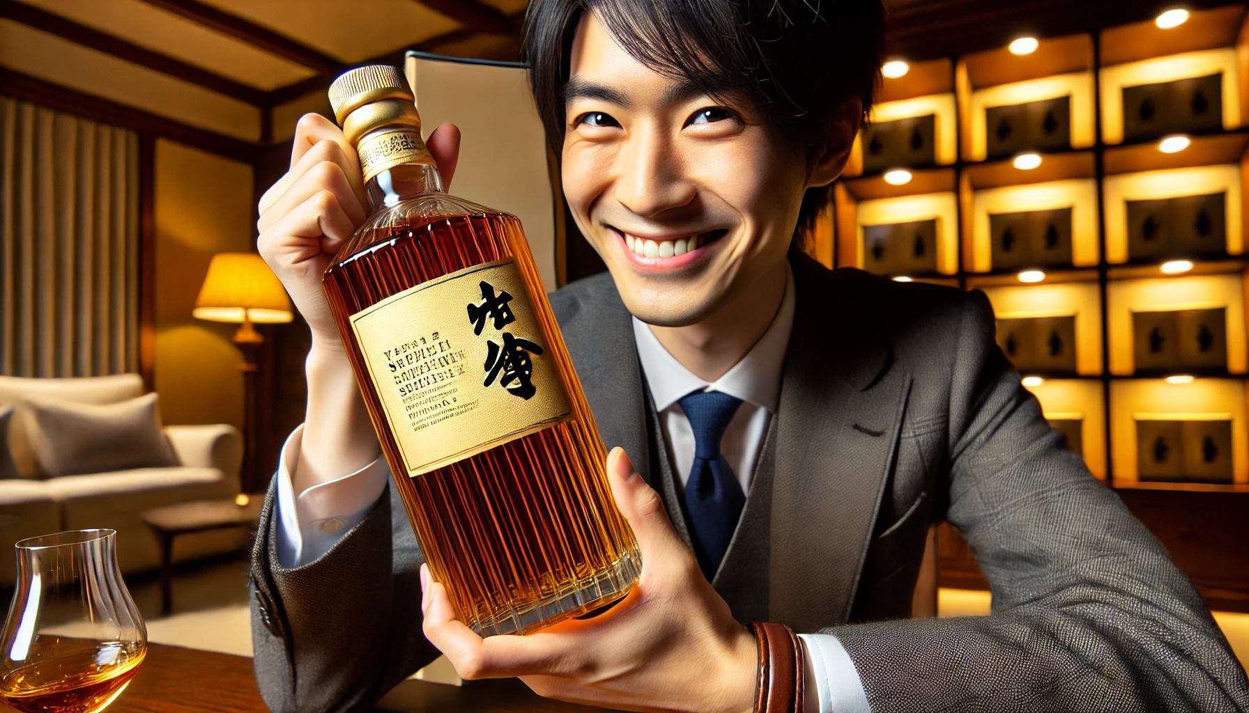 A Japanese person holding a luxurious, limited-edition whisky bottle with a look of joy and satisfaction, showing that they have successfully obtained this rare whisky. The background is a sophisticated setting, perhaps a high-end home or whisky bar, with warm lighting that highlights the exclusivity and richness of the whisky.