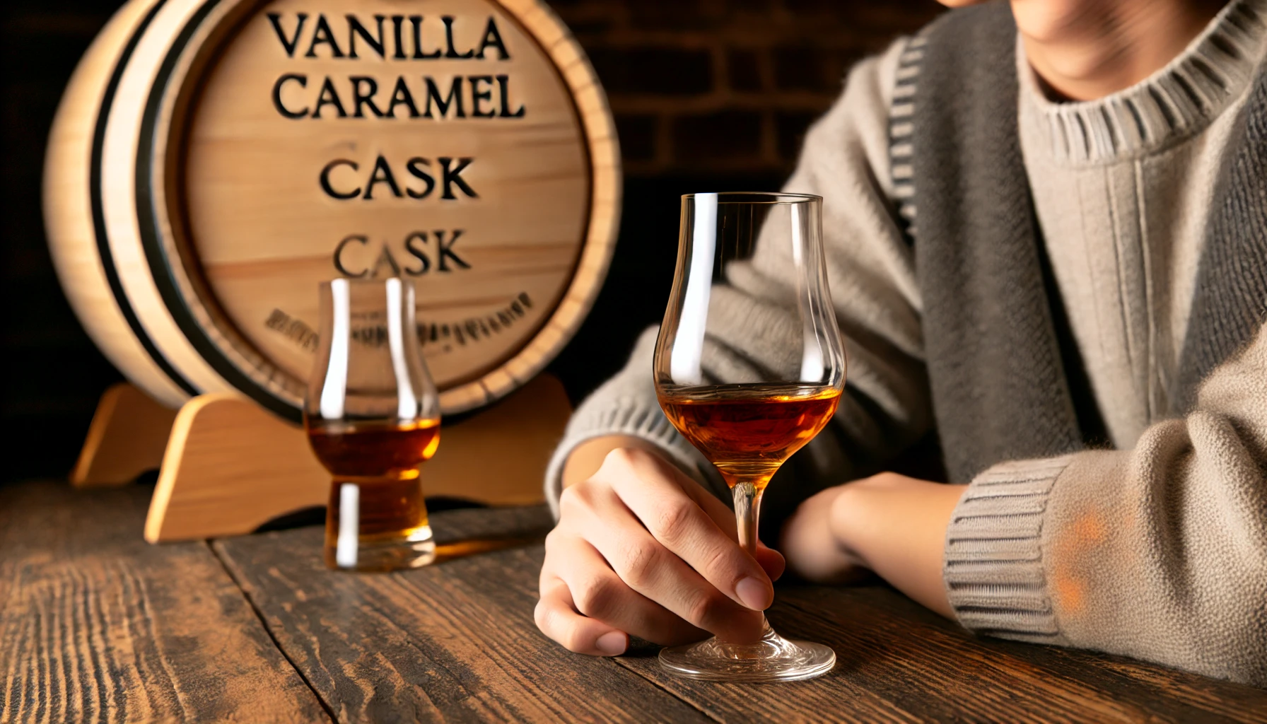 A Japanese person enjoying a glass of amber whiskey with vanilla and caramel notes, sitting at a rustic wooden table. The setting is cozy and warm, with the ambiance highlighting the rich and sweet characteristics of the whiskey. A barrel with 'Vanilla Caramel Cask' engraved is visible in the background.